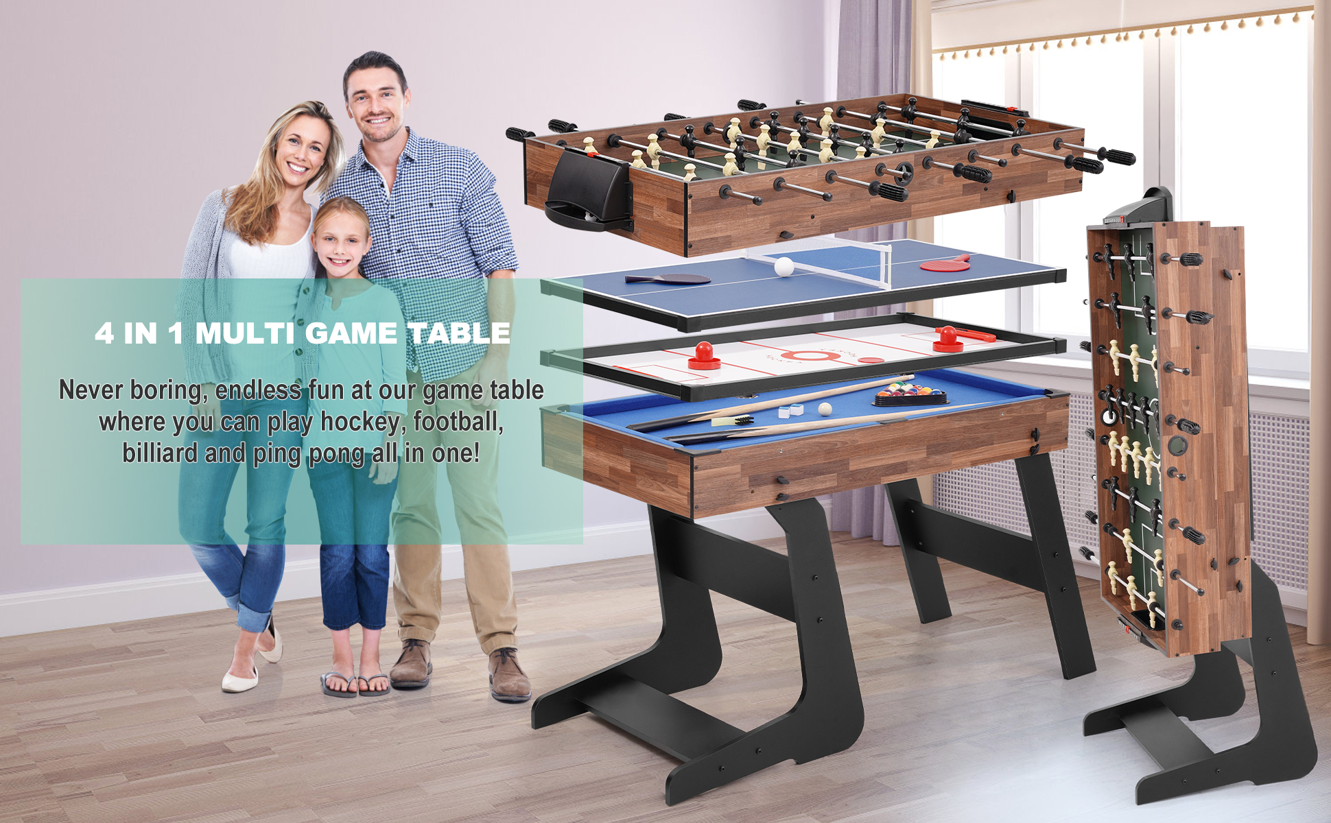 【訳あり】4in1MULTI　GAME　TABLE 4in1 Games Table | Pool, Air Hockey & Tennis | Net World Sports